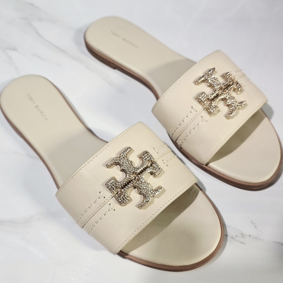 Tory Burch Everly Leather Slide DulceDe Leche Crystal Gold. Size 9 - Picture 1 of 10